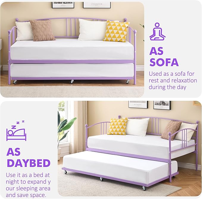 GarveeHome Daybed with Trundle, Sturdy Metal Day Bed with Steel Slat Support, Trundle Bed Twin with Arched Headboard, SofaBed for Living Room, Bedroom and Guest Room, Purple