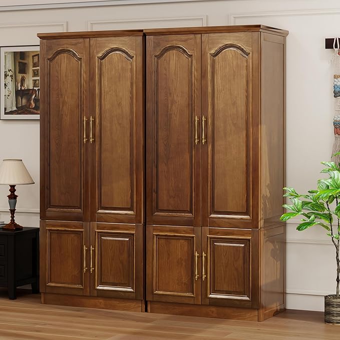 Solid Wood Wardrobe Closet:TemkTuek 70.87" Armoire,Clothing Storage Cabinet with 4 Doors,Shelves and Hanging Rails,Vintage Freestanding,Bedroom,Wood Grain Color(22-22)