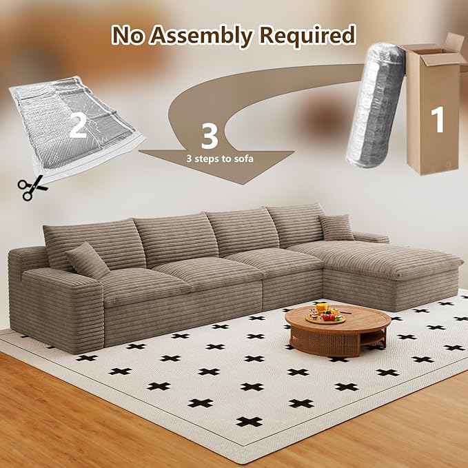 Cloud Sectional Couch,136 Inch Modular Sectional Sofa with Deep Seat, Modern Corduroy Boneless Couches with L-Shape Chaise for Living Room Bedroom, No Assembly Required (Camel, Right Facing Chaise)