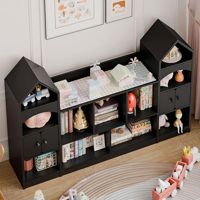 Vabches Castle Shape Children's Bookshelf, Kids Bookcase Display Case Kids Toy Storage Organizer Multifunctional Storage Cabinet Bookshelf Suitable for Playroom, Children's Room, Living Room, Black