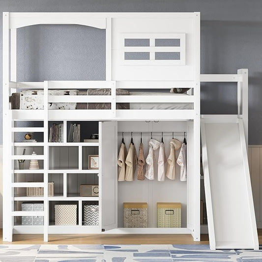 Playhouse Style Loft Bed Twin Size with Slide and Ladder, Solid Wood Loft Bed Frame with Wardrobe and Storage Shelves for Kids Teens, Maximize Space