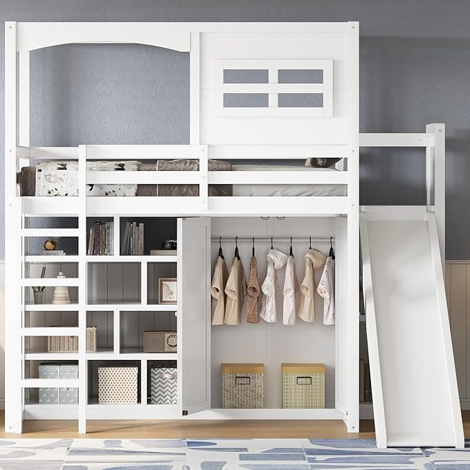 Merax Modern Multifunction Wood Loft Bed with Wardrobe & Storage Shelves, Twin House Shaped Loft Bed Frame with Ladders & Slide, No Box Spring Needed, Space Saving, White