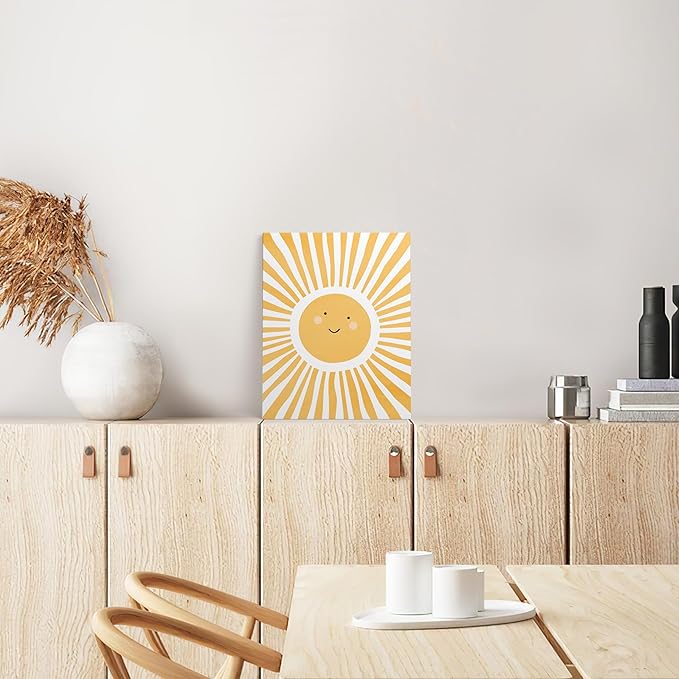 XWELLDAN Cute Cartoon Smiling Sun Cheerful Nursery Wall Art Canvas Prints,Watercolor Boho Neutral Sun Sunshine Wall Art Decor for Kids Baby Bedroom Nursery Playroom, 8x10 Inch, Framed