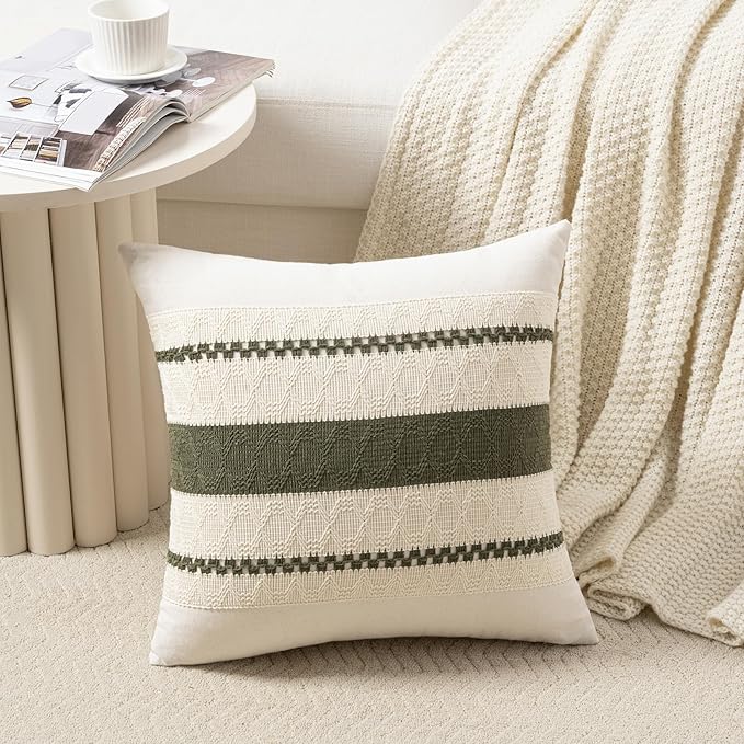 Fancy Homi Set of 2 Boho Moss Green Decorative Throw Pillow Cover 22x22 Inch for Couch Bed Sofa, Aesthetic Modern Organic Farmhouse Home Decor, Soft Cotton Cute Accent Macrame Woven Cushion Case