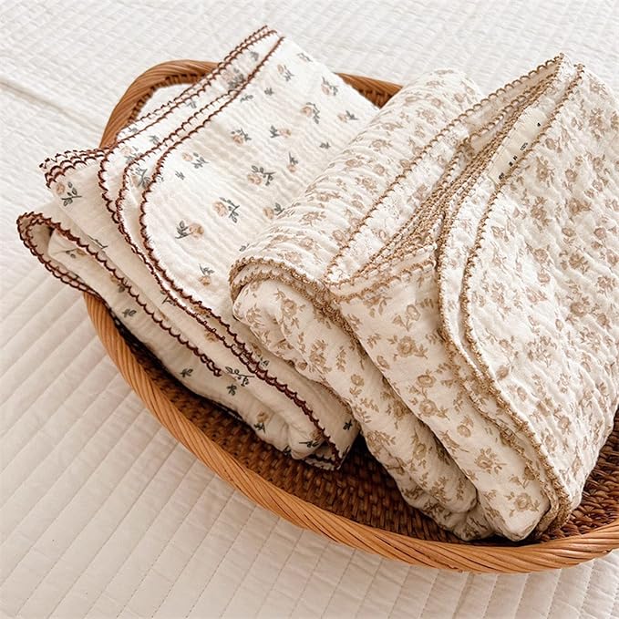 BuLuTu 4 Layer Toddler Blanket 100% Cotton Muslin Bed Blankets for Kids,Girls,Boys, Designed with Cute Camellia Flowers Lightweight Thermal Baby Blanket, Super Soft and Warm Crib Blanket, 47x51