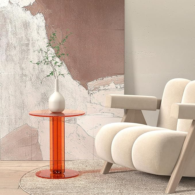 Round Acrylic Side Table, Modern Accent End Table, Minimalist Bedside Night Stand, Small Coffee Tables for Living Room Office Bedroom Indoor Home Decor, Orange