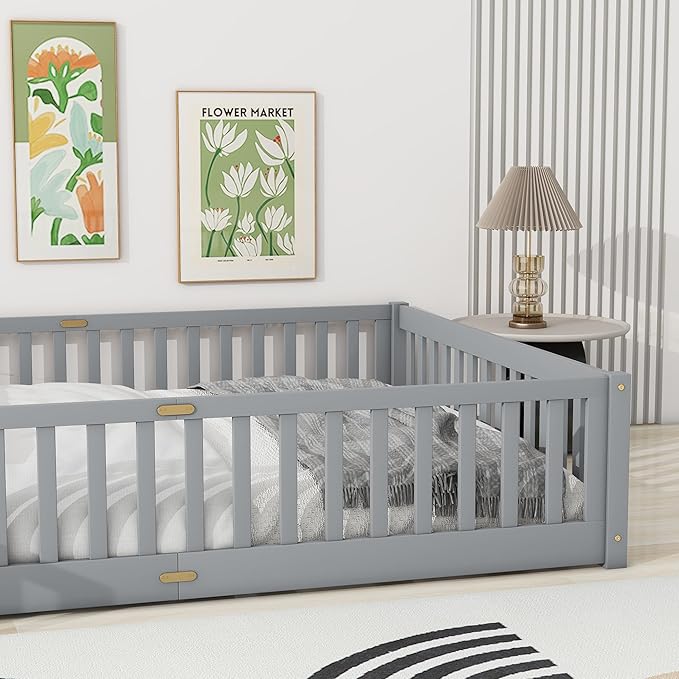 Queen Size Floor Bed for Kids, Wood Montessori Floor Beds with Fence Railings, Door & Slats Support, Queen Playhouse Bed Frame for Boys Girls, No Box Spring Needed, Gray