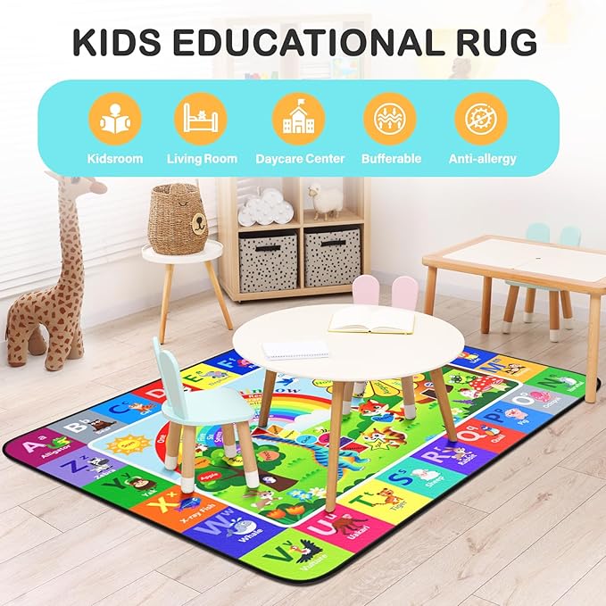ABC Rug, Toddler Play Rug 6x9 Feet, Extra Thick (0.4in) Washable Baby Play Mat for Floor, Classroom Carpet Non-Slip for Learning, Alphabet, Nursery Mat for Crawling & Fun & Playroom Decor