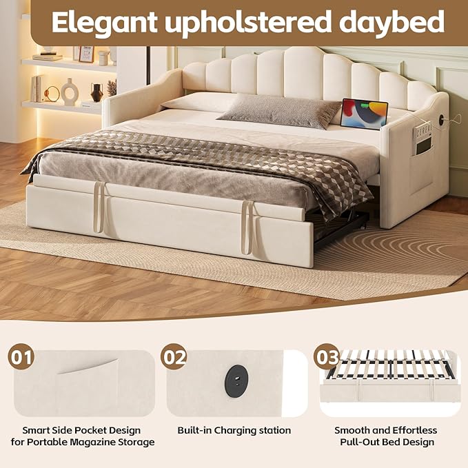 SOFTSEA Twin Daybed with Pop Up Trundle, Extendable Corner Day Bed with USB Ports, Velvet Tufted Sofa Bed Frame with Curved Backrest for Bedroom, Living Room, Beige