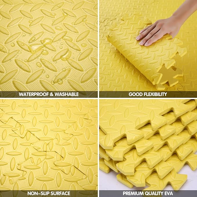 Coolcandy EVA Foam Play Mat, 16 Tiles Colorful Baby Play Mat, Square Kids Playmat with Solid Colored, 0.4" Thickened Interlocking Foam Floor Tiles, Puzzle Play Mat for Baby Lying, Playing (Yellow)