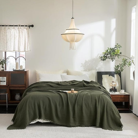 FOSSA Muslin Blanket with Fringe - 4-Layer 100% Cotton Gauze Super Soft & Breathable Throw -Lightweight Decorative Cooling Blanket for Bed, Sofa, Office -Oversize Queen Size 98" × 98" (Olive Green)