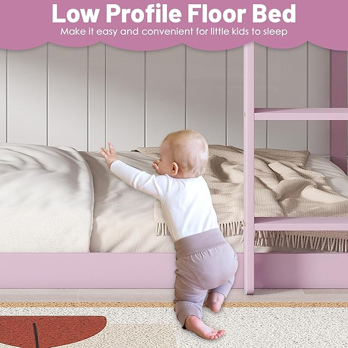 Bunk Bed Twin Over Twin, Wood Low Profile Floor Twin Bunk Beds with Ladder Guardrails for Kids Boys and Girls, No Box Spring Needed