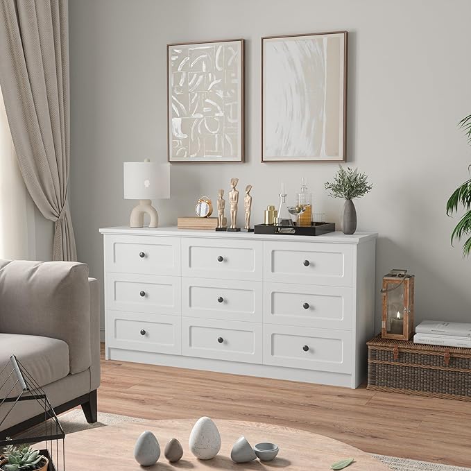 63'' W Long Modern Dresser 9 Drawers with Handles, White Dresser & Chest of Drawers with Large Capacity Storage, Freestanding Storage Dressers for Bedroom, Living Room, Hallway