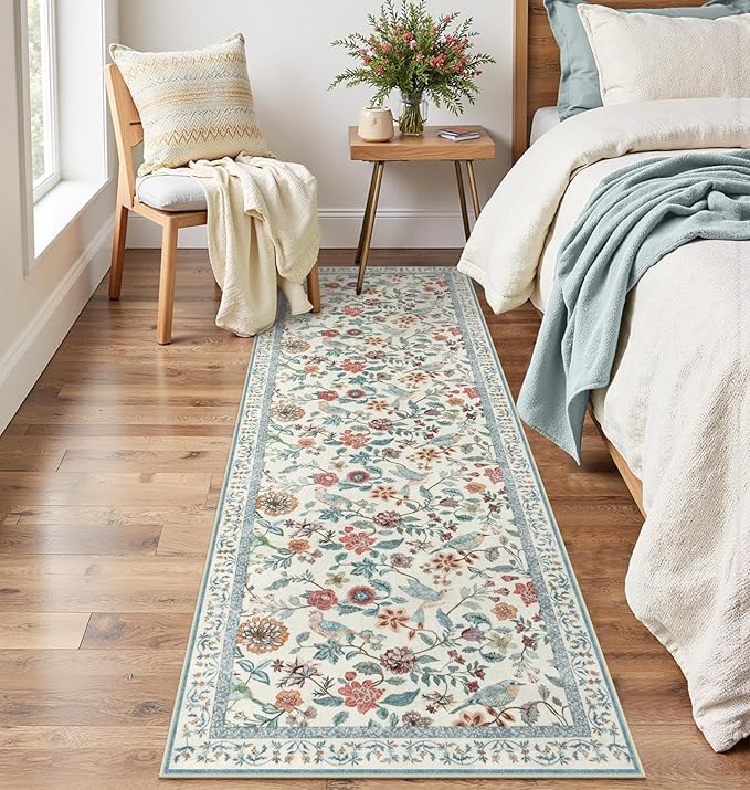 Blue Floral Runner Rug, 2x6 Washable Rug Runners for Hallways Non-Slip, Soft Low Pile Flower Birds Long Bathroom Mat Botanical Throw Carpet for Kitchen Laundry Entryway Porch