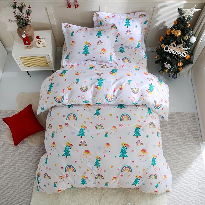 JSD Christmas Kids Duvet Cover Set Twin Size, 2 Piece Printed Microfiber Comforter Cover with Pillow Sham Zipper Closure, Comforter Not Included