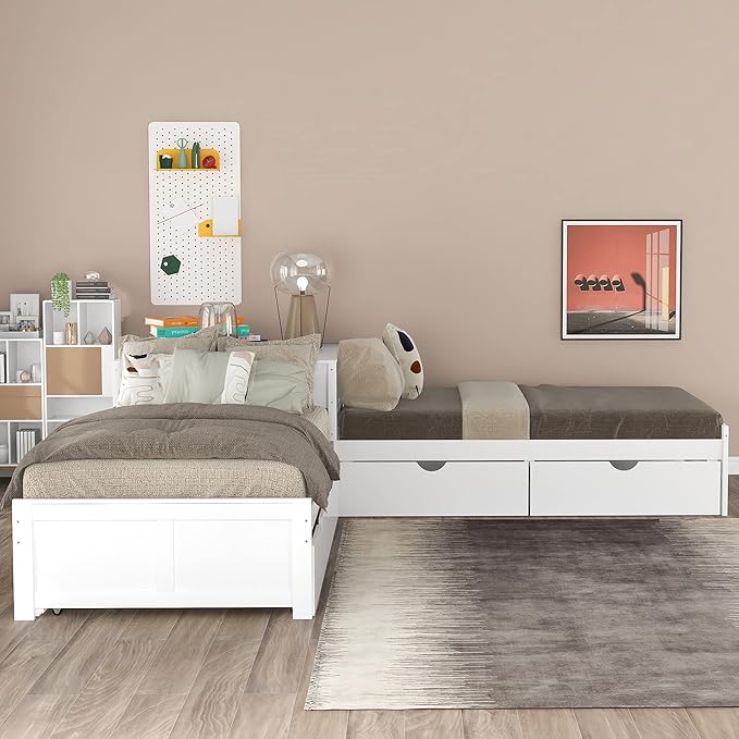 Harper & Bright Designs L-Shaped Platform Bed Frame with Trundle and Drawers Linked with Built-in Desk for Kids Boys Girls, Twin, White