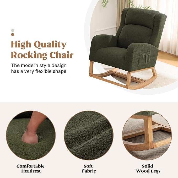 Rocking Chair Nursery, Nursing Rocking Chairs for Mom Nursery, Comfy Teddy Glider Rocking Armchair with Foot Rest for Nursery Living Room Bedroom, Green