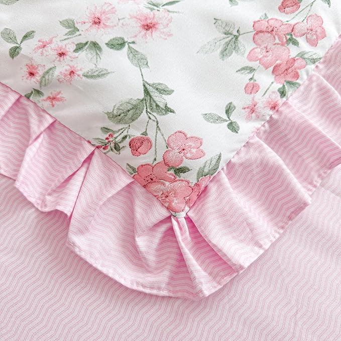3 Pieces Pink Rose Flowers Mini Crib Bedding Set Baby Ruffled Quilted Comforter with Fitted Sheet and Bed Skirt - Cute Ruffled Shabby Chic Baby Girls Bedding Soft Blanket Floral Design