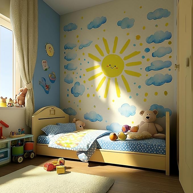 Large Watercolor Sun Cloud Wall Stickers Decals, Vibrant Easy Peel Stick Lovely Smile Face Design for Nursery Classroom Kids Room Playroom Toddler Church Daycare Decor