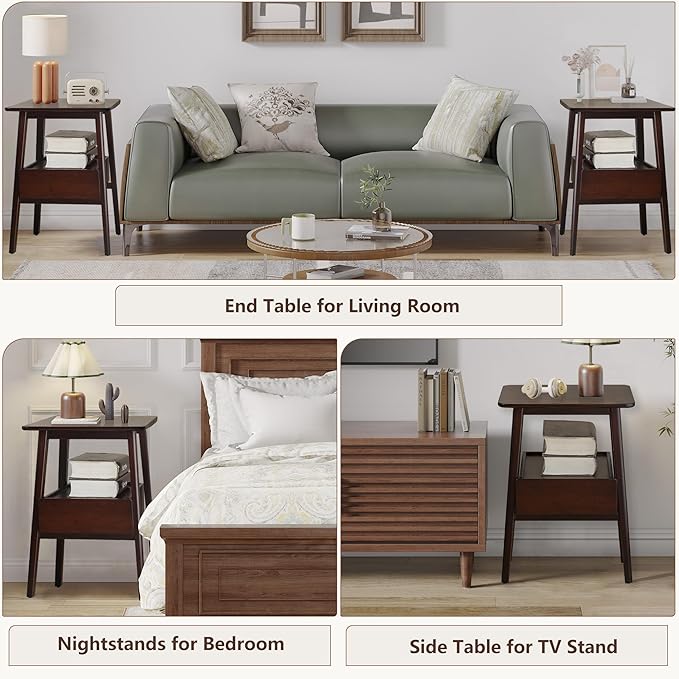 Night Stand with Drawer, Mid Century Modern Nightstand, Bedside Tables with Open Storage Shelf,Large Storage End Table, Bamboo Night Stands for Bedrooms
