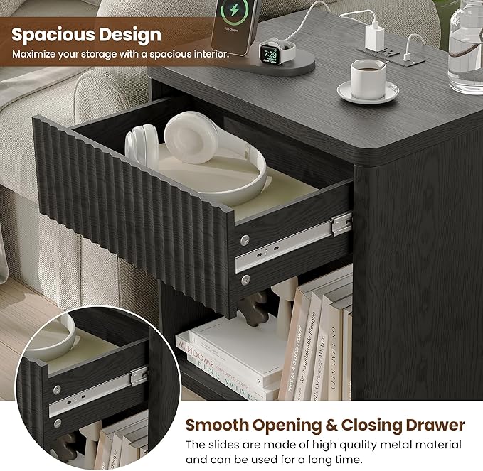 Fluted Nightstand Set of 2 with Charging Station, 21.7" Wide Modern Night Stand with 2 Drawers Open Storage Cabinet, Wooden Bedside End Table for Bedroom,Black