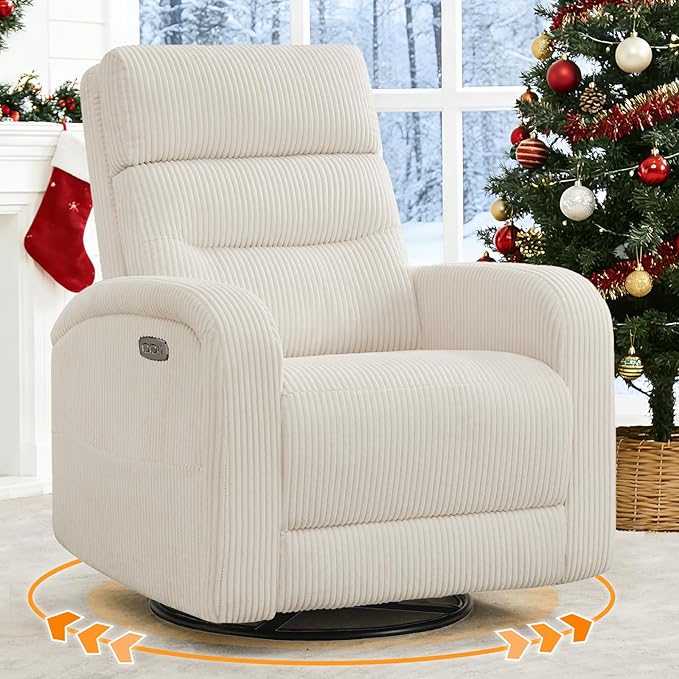 Power Glider Recliner Nursery Rocking Chairs with USB, Electric Swivel Rocker Recliner Glider Chair for Living Room, Upholstered Recliner Chairs for Nursery, Bedroom, Corduroy White