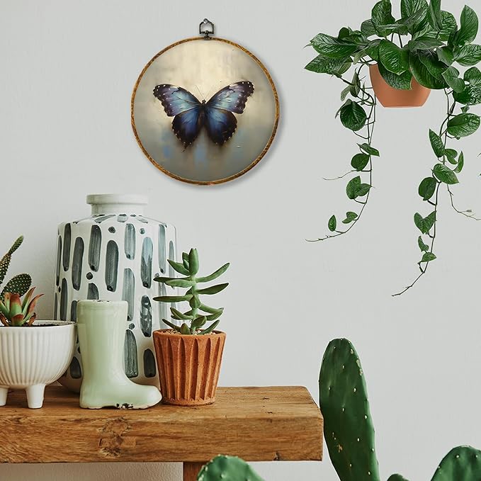 Hiuwevt Vintage Moody Purple Butterfly Round Wall Art Decor, Retro Rustic Butterfly Framed Canvas Prints, Cottagecore Insect Round Wall Hanging Decor for Home Bedroom Decorations, 10x10 Inches