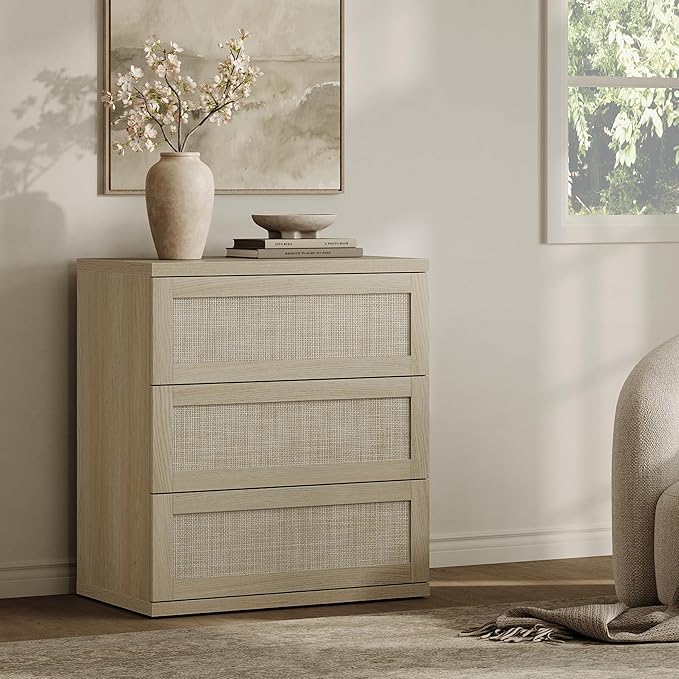 SICOTAS Dresser for Bedroom - Rattan Dresser with 3 Drawers Nursery Dressers & Chests of Drawers Boho Dressers for Bedroom Living Room Small Deep Clothes Closet Storage for Closet Hallway Entryway