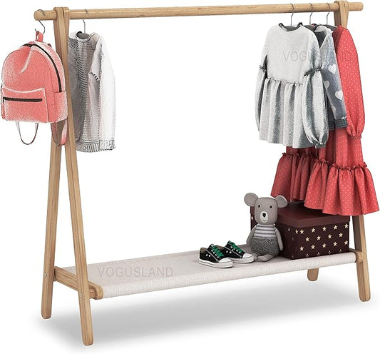 Dress up Rack, Child Garment Rack, Kids Clothing Rack with Storage Shelf (Natural Beech, 47.5" L x 14.5" W x 40" H)