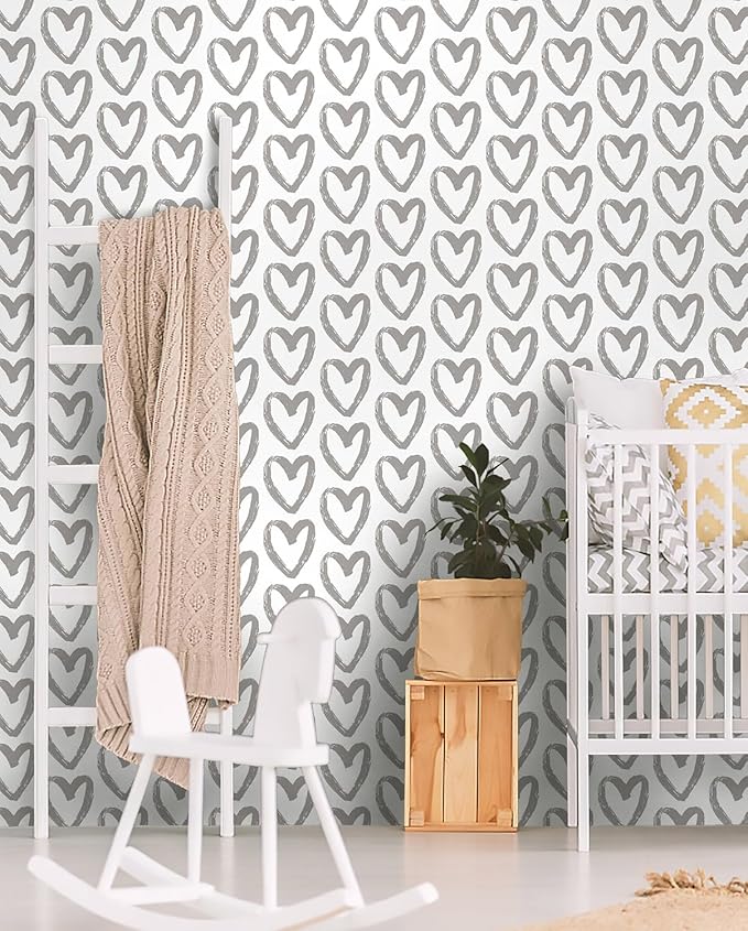Timeet Grey and White Wallpaper Peel and Stick Wallpaper Heart Geometric Contact Paper 17.7"x393.7" Modern Self Adhesive Removable Wallpaper for Bedroom Kids Room Wall Decor Vinyl