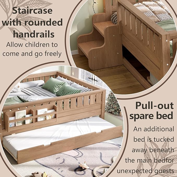 Bellemave Full Bed with Trundle and Stairs, Full Size Platform Bed Frame with Fence and Bookshelf, Easy Assemble Beds for Kids, Girls, Boys, Natural