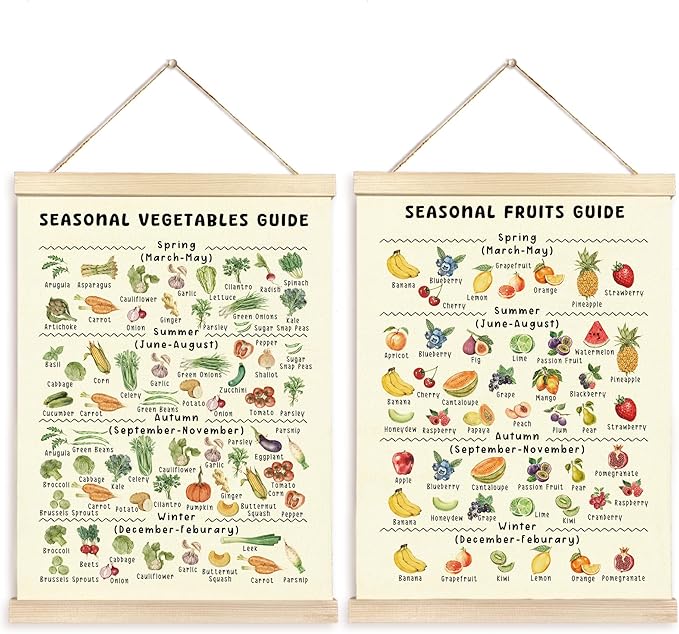 CGBHW Seasonal Fruits and Vegetables Poster Hanger Frame, Seasonal Produce Posters Wall Art Hanging Decor for Kitchen Farmers Market Classroom Nursery Preschool, Food Lover Gift, 12x16Inch Set of 2