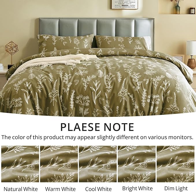 MUXHOMO Duvet Cover Full Size, Reversible Floral Olive Green Duvet Cover Set with Zipper Closure, 3 Pieces Botanical Patterns Soft Microfiber Bedding Set with 4 Ties (80"x90", 2 Pillow Cases)
