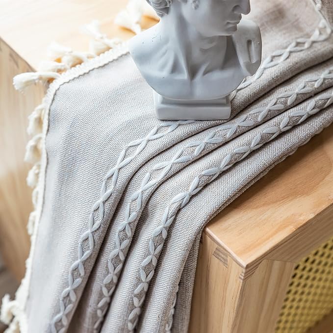 Deeprove Boho Curtain 84 Inches Length for Bedroom, Cotton Linen Weighted Taupe Stripes Embroidery, Semi Blackout Bohemian Retro Window Treatment Drape Tassels 1 Panel W52 x L84 Natural