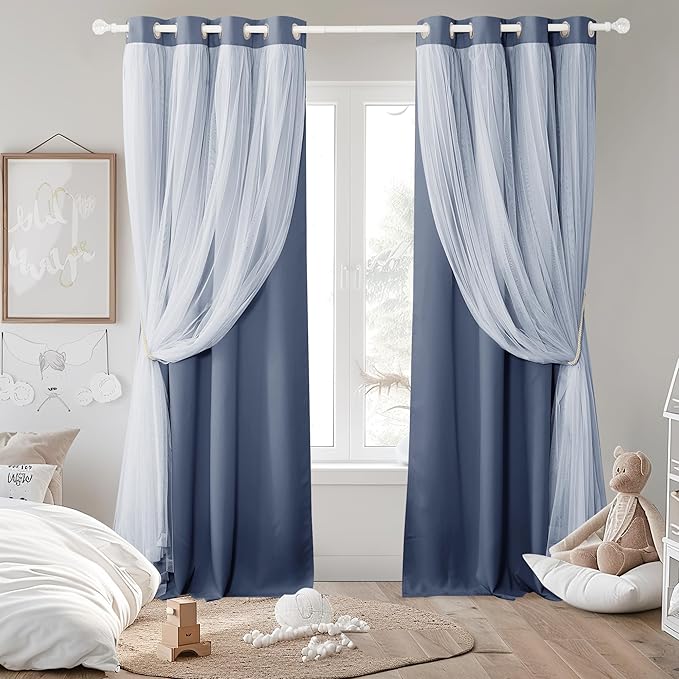 PONY DANCE Curtains for Living Room - Blackout Curtains and White Sheer Overlay Light Blocking Grommet Drapes for Bedroom Kids Room Darkening with Tiebacks, (52x84 inches, Blue Haze, 2 Pieces)