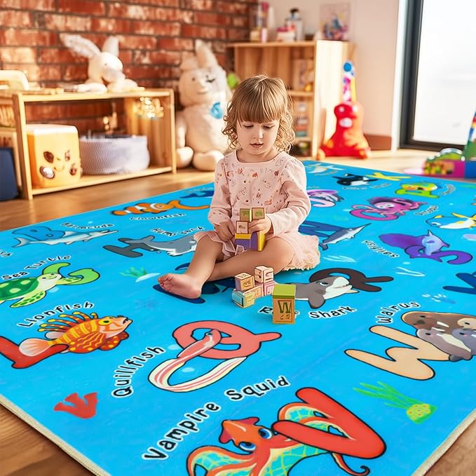 Kids Rugs for Playroom, 4x5 Ft Ocean Rug Baby Play Mat ABC Alphabet Rug Soft Machine Washable Non-Slip Educational Carpet for Classroom Toddler Nursery Kids Room Decor, Blue