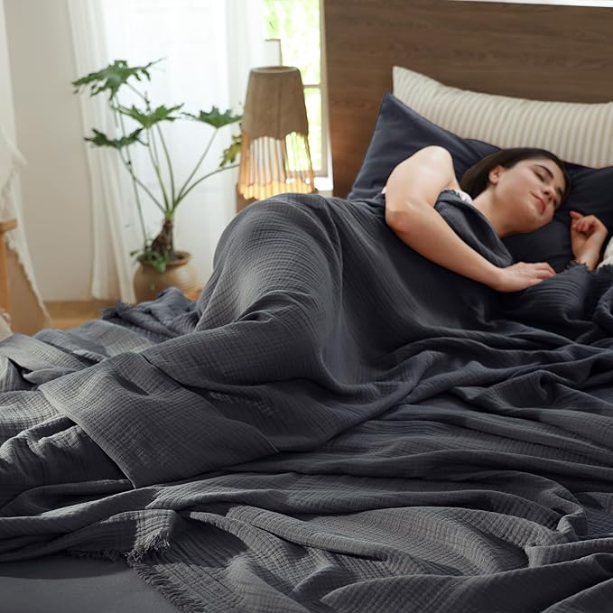 MooMee Muslin Blanket - 100% Cotton 4-Layer Gauze Throw Blanket with All-Around Fringe, Ultra-Soft Breathable Lightweight Cooling Decorative for Bed, Sofa & Couch (Dark Grey,King 104" x 90")