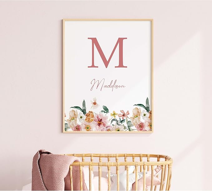 Personalized Name Flower Nursery Wall Art Prints, Crib & Nursery décor, Newborn Baby Girl Gift Present, Floral Baby Girl Room Pictures, Poster For Baby And Kids (1 Print, Flower 8)