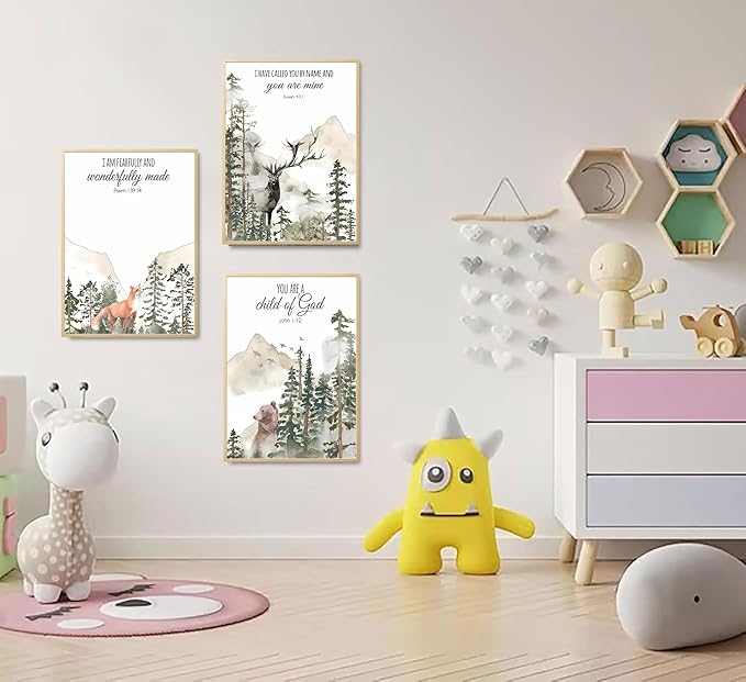 3pcs Forest Animals Bible Verse Wall Art Misty Forest Deer Bear Fox Paintings Canvas Prints Poster Inspirational Quotes Pictures Wall Decor for Home Bedroom Nursery Baby Room Playroom Decor Unframed