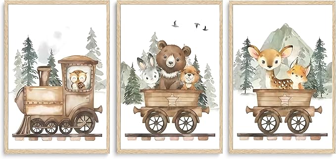 SZHUAAIC 3Pcs Woodland Animal Nursery Canvas Wall art Forest Wildlife Train Adventure Drawing Picture Wall Decor Fox Bear Deer Rabbit Owl Poster Printings for Boys Girls Room Home Decoration Unframed
