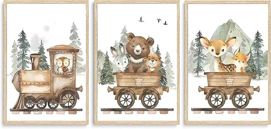 SZHUAAIC 3Pcs Woodland Animal Nursery Canvas Wall art Forest Wildlife Train Adventure Drawing Picture Wall Decor Fox Bear Deer Rabbit Owl Poster Printings for Boys Girls Room Home Decoration Unframed
