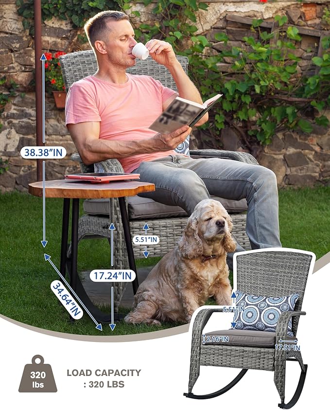 Outdoor Rocking Chair Set of 2- Patio Rocking Chairs with Cushions and Steel Frame- All Weather Outdoor Rocker Chair with 2 Replaceable Cushion Covers (Blue & Grey), 320lbs