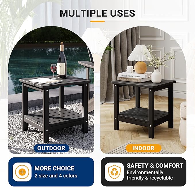 UDPATIO 2-Tier Side Table, 19x16x17.8 in, Black, Adirondack End Table, Indoor & Outdoor Use