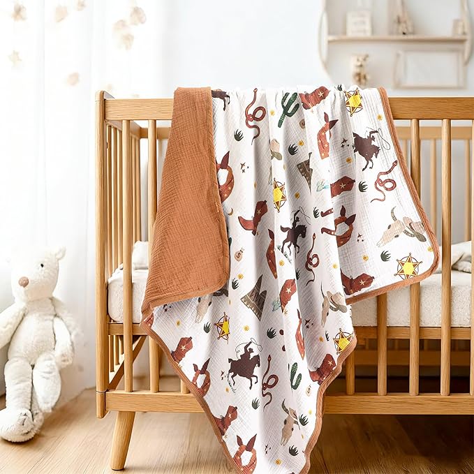 Breling Western Cowboy Muslin Baby Blankets for Girls Boys, 100% Cotton Crib Blanket for Infant Toddler, 40 x 36 Inch Soft and Lightweight Nursery Swaddling Wrap