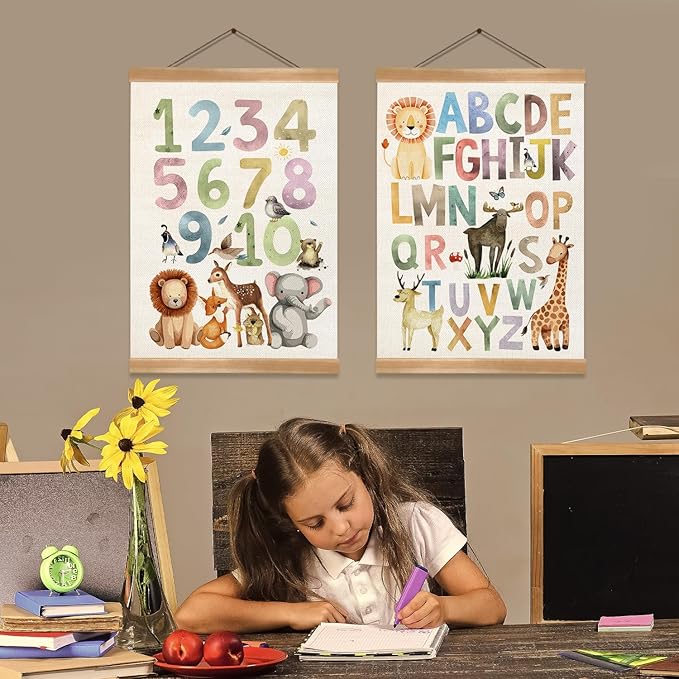 ZTGDA Alphabet Numbers Poster Set of 2, Children's Room Wall Art, Animal Numbers & ABC Banner Poster, Letter Banner Wall Hanging Decor for Toddler Room Playroom Nursery Wall Classroom Decor