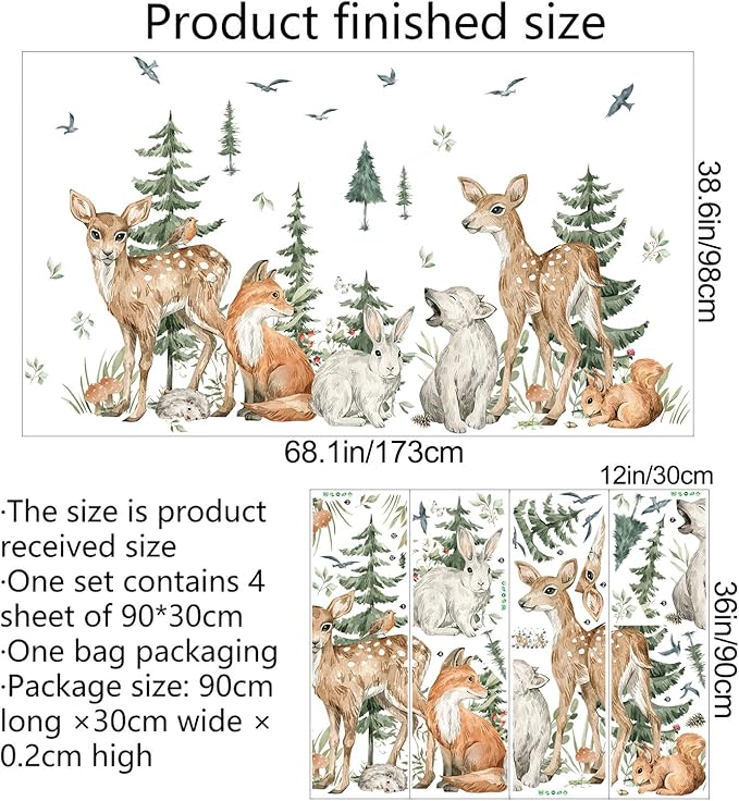 Amaonm 4 Sheet of 12x36 inch Giant Forest Tree Wall Decal Woodland Deer Bear Rabbit Fox Squirrel Birds Wall Stickers 3D DIY Peel and Stick Jungle Wild Animal Pine Wall Decor for Kids Boys Bedroom