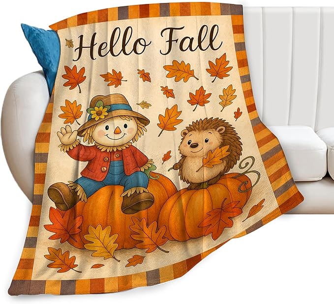 Fall Blanket Cute Autumn Pumpkin Scarecrow Hedgehog Maple Leaf Throw Blanket Soft Cozy Fleece Fuzzy Plush Flannel Warm Stuff Hello Fall Blanket Gifts for Women Girls Kids Thanksgiving 40"x50"
