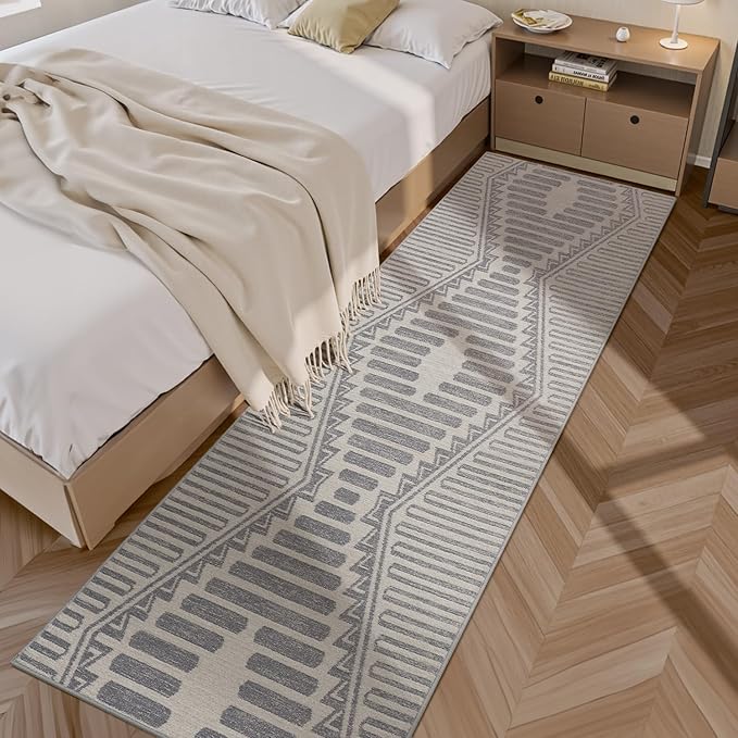 Silver Grey Boho 2x8 ft Runner Textured Tufted Rugs for Hallway Kitchen Bedroom Entryway Long Non Slip-Carpet Washable Neutral Modern Geometric Moroccan Aztec Rug