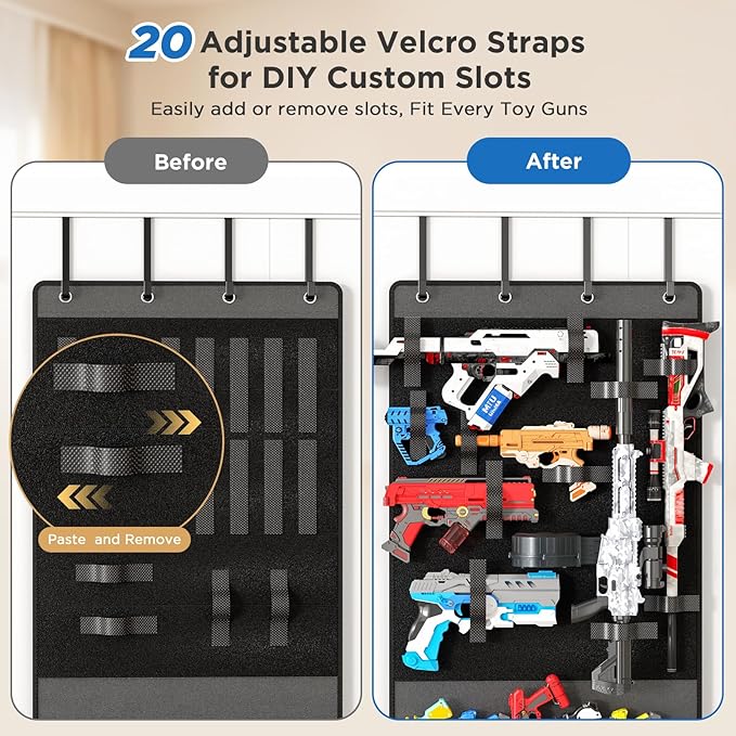 Over The Door Organizer for Toy Guns, Toys Storage Door Hanger with Pockets and Slots for Kids Foam Blasters, Darts, Goggles, Over Door Toys Storage Organizer, for Kids Rooms, Game Rooms, Gray