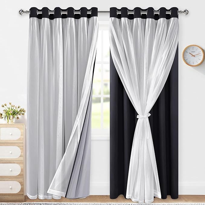 XWZO 100% Blackout Double Layer Curtains, Blackout Curtains with Sheer Overlay for Living Room, Bedroom, Grommet Thermal Insulated Privacy Curtains with Tiebacks, 2 Panels, 70x84, Black